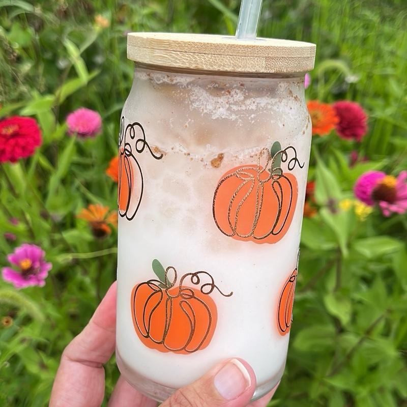 Color Changing Pumpkin Halloween Glass Cup Tumbler with Lid and Straw 16 Oz Durable Transparent Vinyl Decal Hand Wash Only Color Changing Cups Halloween Tumbler