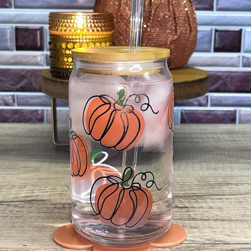 Color Changing Pumpkin Halloween Glass Cup Tumbler with Lid and Straw 16 Oz Durable Transparent Vinyl Decal Hand Wash Only Color Changing Cups Halloween Tumbler