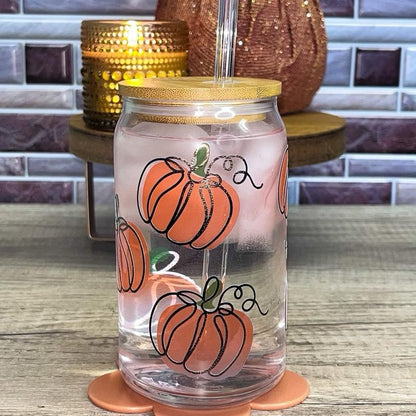 Color Changing Pumpkin Halloween Glass Cup Tumbler with Lid and Straw 16 Oz Durable Transparent Vinyl Decal Hand Wash Only Color Changing Cups Halloween Tumbler