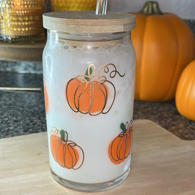 Color Changing Pumpkin Halloween Glass Cup Tumbler with Lid and Straw 16 Oz Durable Transparent Vinyl Decal Hand Wash Only Color Changing Cups Halloween Tumbler