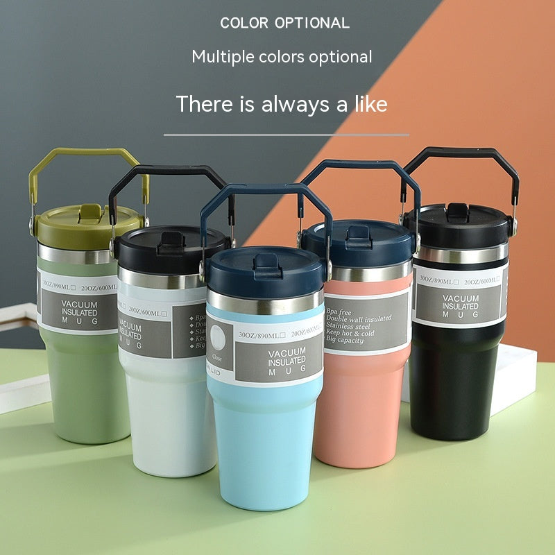 Portable Car Cup Stainless Steel Cup Travel Sports Water Bottle with Handle Cover Coffee Tumbler Cup
