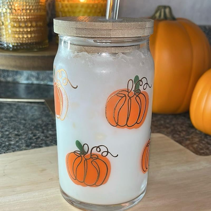 Color Changing Pumpkin Halloween Glass Cup Tumbler with Lid and Straw 16 Oz Durable Transparent Vinyl Decal Hand Wash Only Color Changing Cups Halloween Tumbler