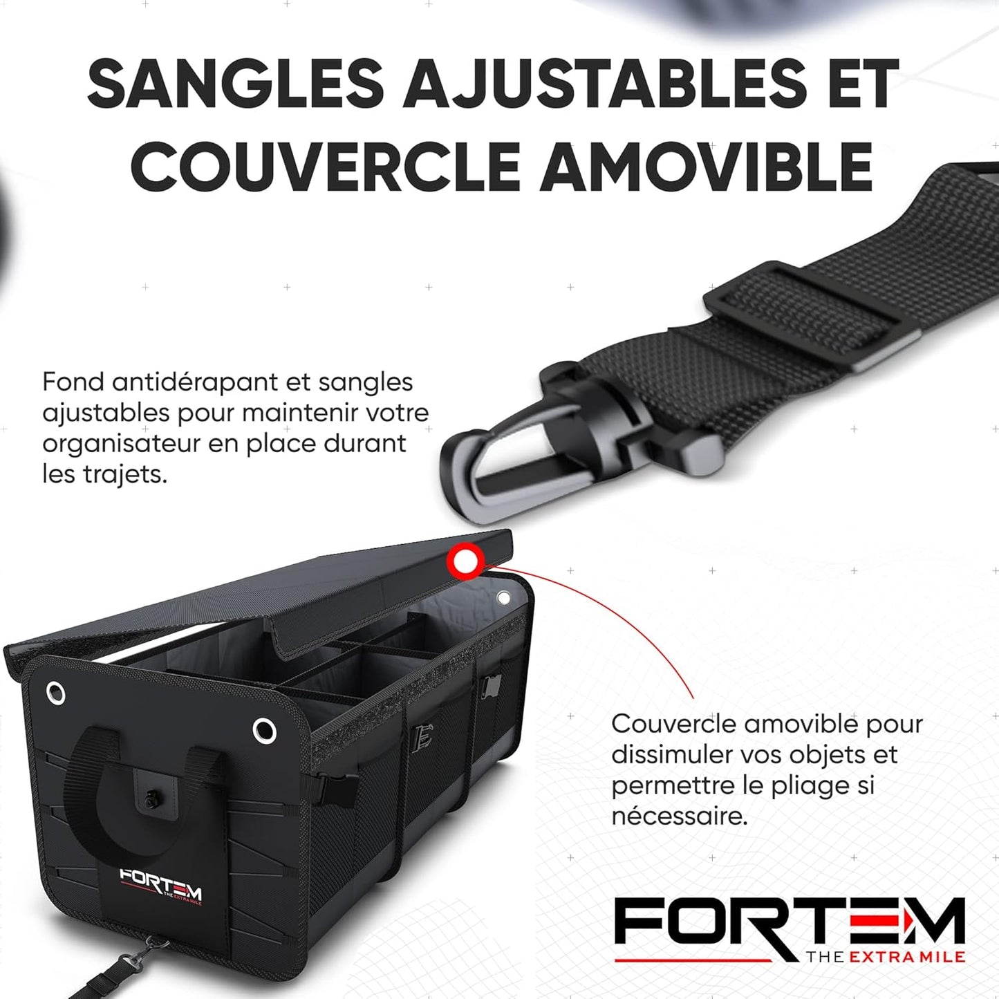 Rangement Coffre De Voiture, Organisateur De Coffre SUV, Organisateur Coffre Voiture, Organisateur Voiture Coffre Pliable, Fond Antidérapant, Sangle Fixation Réglable (Noir, Extra Large) - FREEZEME