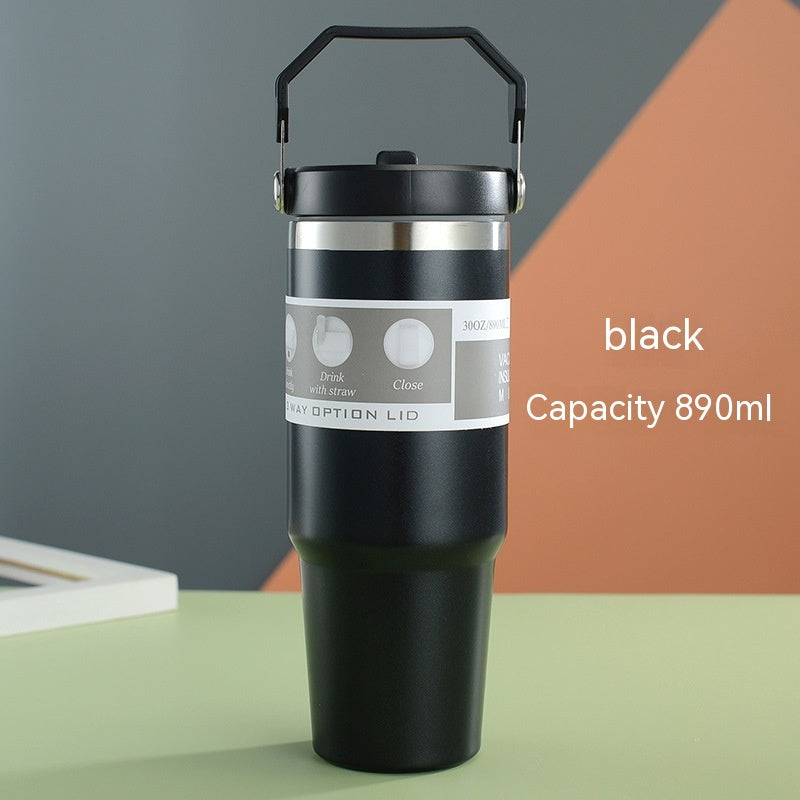 Portable Car Cup Stainless Steel Cup Travel Sports Water Bottle with Handle Cover Coffee Tumbler Cup