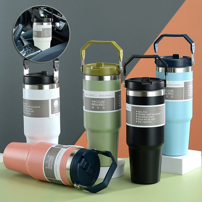 Portable Car Cup Stainless Steel Cup Travel Sports Water Bottle with Handle Cover Coffee Tumbler Cup