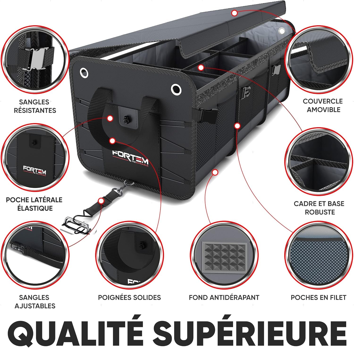 Rangement Coffre De Voiture, Organisateur De Coffre SUV, Organisateur Coffre Voiture, Organisateur Voiture Coffre Pliable, Fond Antidérapant, Sangle Fixation Réglable (Noir, Extra Large) - FREEZEME