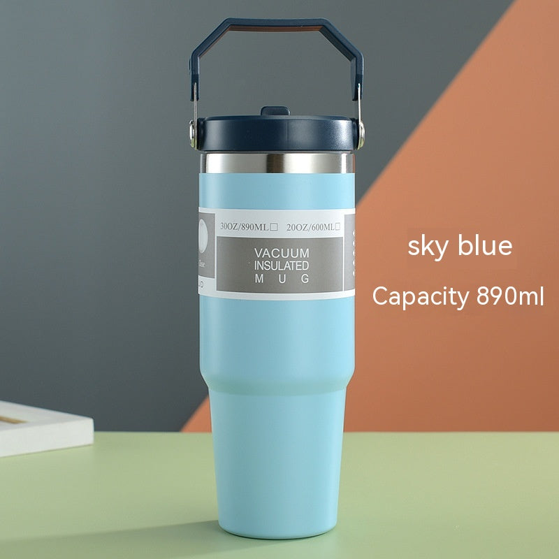 Portable Car Cup Stainless Steel Cup Travel Sports Water Bottle with Handle Cover Coffee Tumbler Cup