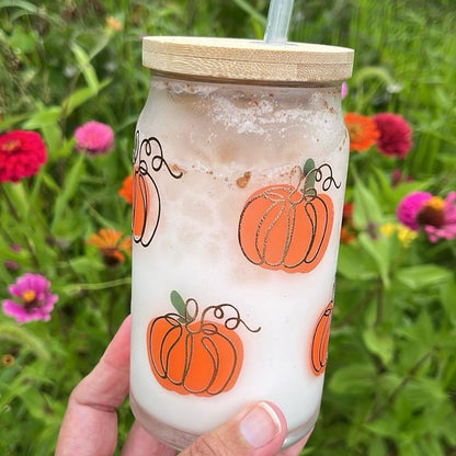 Color Changing Pumpkin Halloween Glass Cup Tumbler with Lid and Straw 16 Oz Durable Transparent Vinyl Decal Hand Wash Only Color Changing Cups Halloween Tumbler