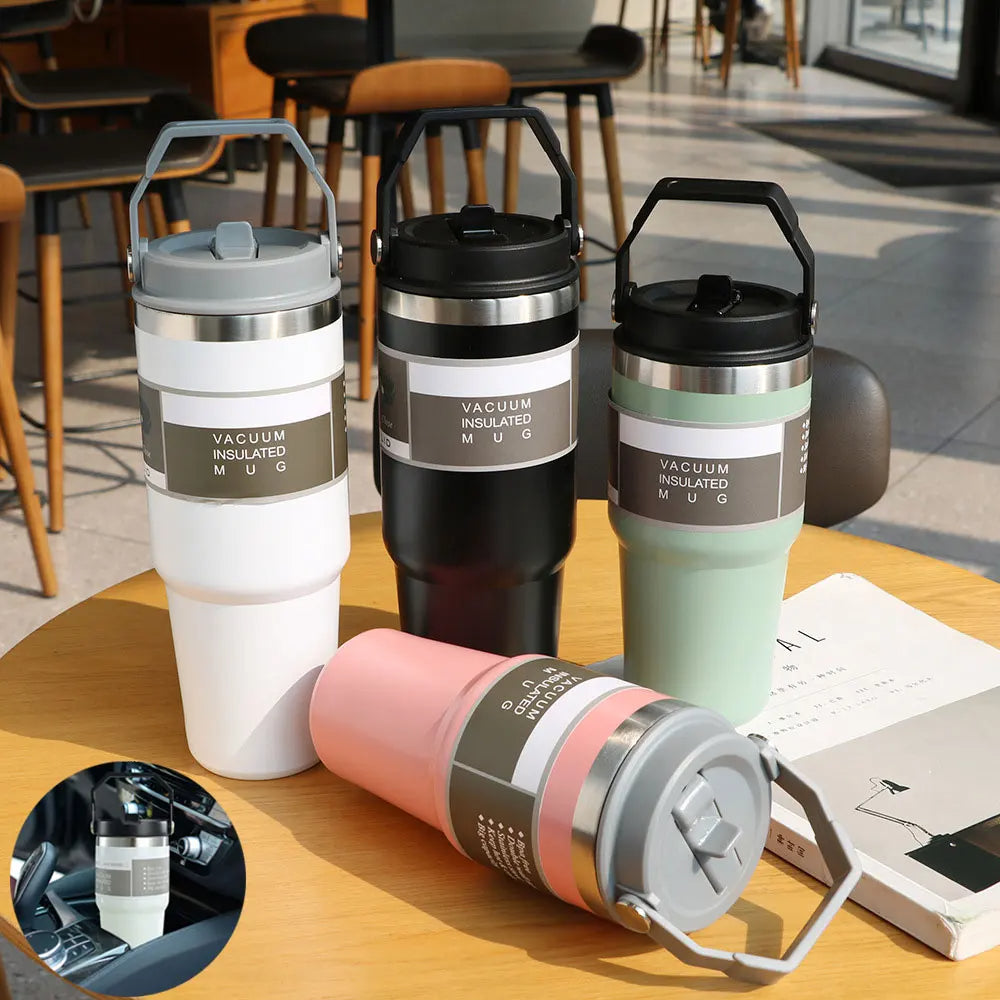 Portable Car Cup Stainless Steel Cup Travel Sports Water Bottle with Handle Cover Coffee Tumbler Cup