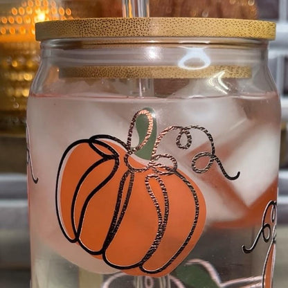 Color Changing Pumpkin Halloween Glass Cup Tumbler with Lid and Straw 16 Oz Durable Transparent Vinyl Decal Hand Wash Only Color Changing Cups Halloween Tumbler