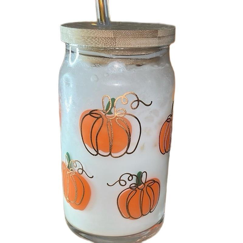 Color Changing Pumpkin Halloween Glass Cup Tumbler with Lid and Straw 16 Oz Durable Transparent Vinyl Decal Hand Wash Only Color Changing Cups Halloween Tumbler